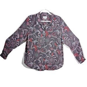 Pure Collection Silk Top Women Size 14/16 Gray Paisley Button Down Blouse Fairy